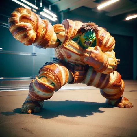 Croissant-carving,a realistic FIGHTING HULK entirely from croissants,realistic style,cinematic feel,<lora:food_carving_sd_1_5_20231205:1>,