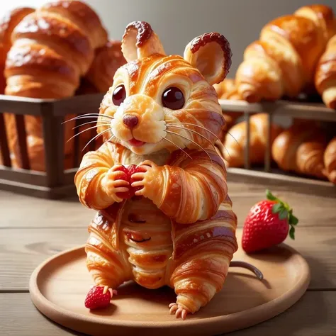 Croissant-carving,a realistic rat,Top with lot strawberry jam,entirely from croissants,realistic style,cinematic feel,<lora:food_carving_sd_1_5_20231211:0.75>,