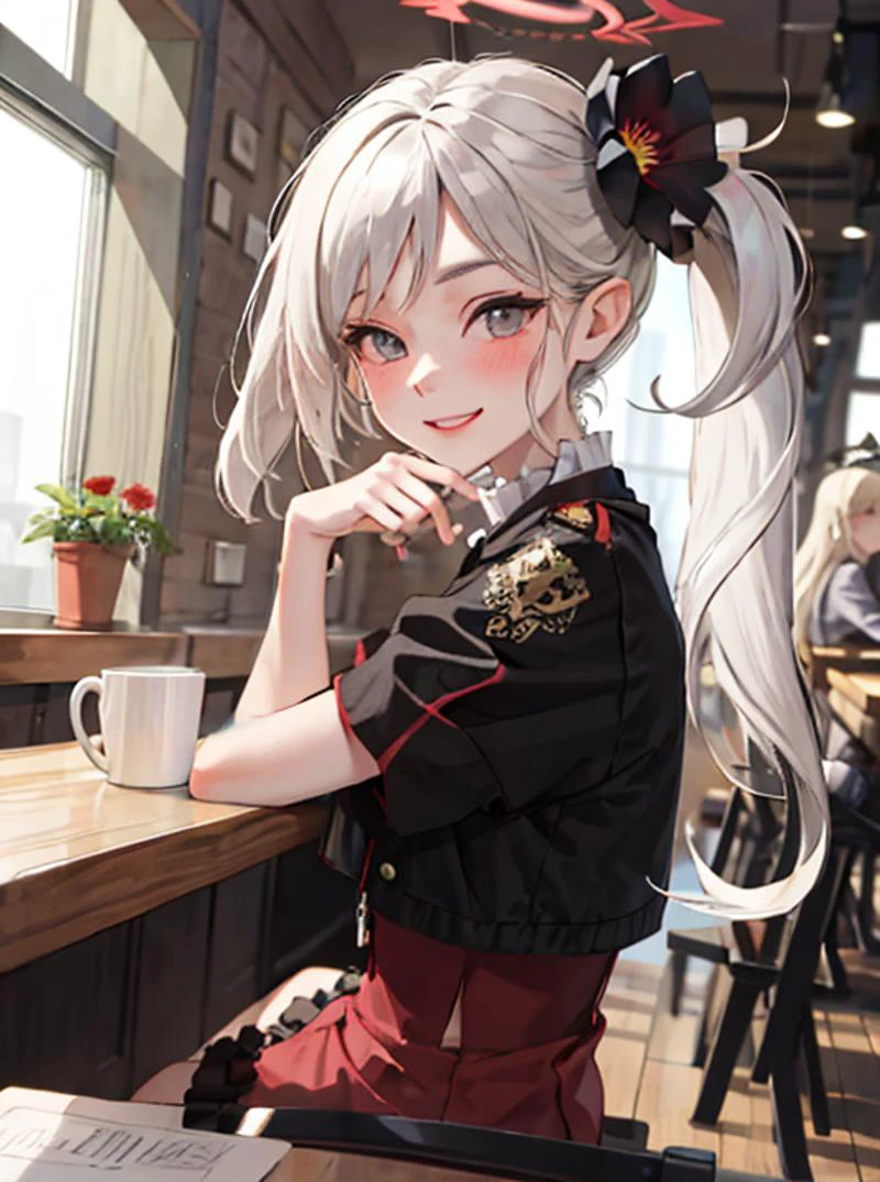 (masterpiece:1.2, best quality), (real picture, intricate details),
mutsuki, <lora:asagiMutsukiLora_v1:0.8>, smile,side ponytail, long hair, looking at viewer,
((pov)),(upper body),(table),
"A girl sitting in a cafe",
"A Girl and viewer Face to Face sitting ",
bangs, black flower, blush, flower, frilled skirt, frills, full body, hair flower, hair ornament, halo, high-waist skirt, jacket,