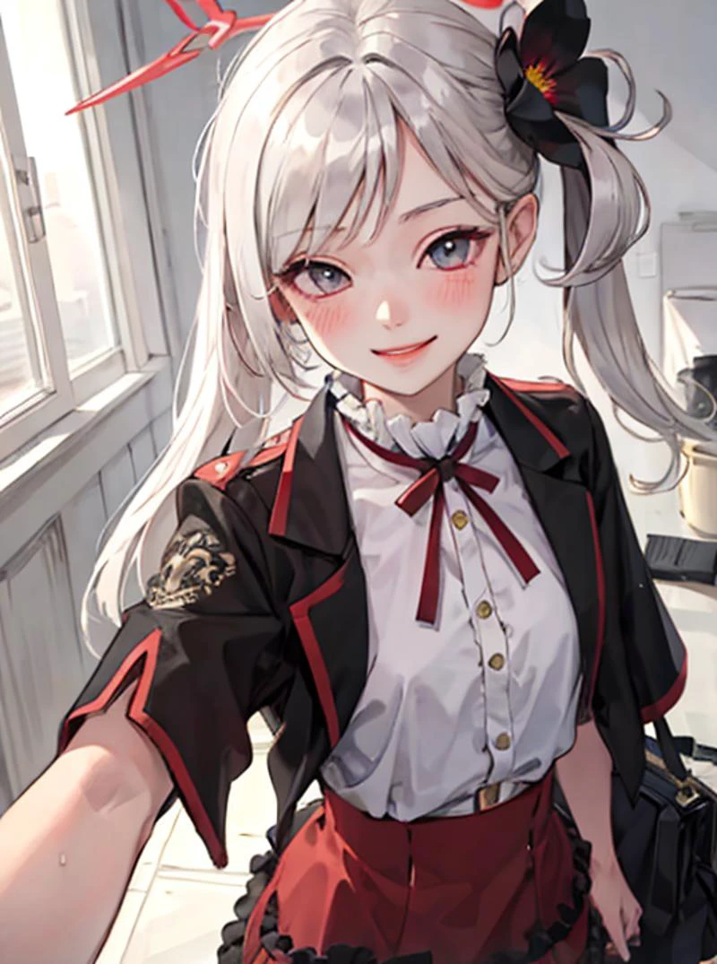 (masterpiece:1.2, best quality), (real picture, intricate details),
mutsuki, <lora:asagiMutsukiLora_v1:0.8>, smile, looking at viewer, Dusk, dutch angle , hands out of frame,
bangs, black flower, blush, flower, frilled skirt, frills, full body, hair flower, hair ornament, halo, high-waist skirt, jacket,
,"A girl Shopping with viewer", upper body, standing, from above,
"her arms around the man",
"The girl closes one eye",