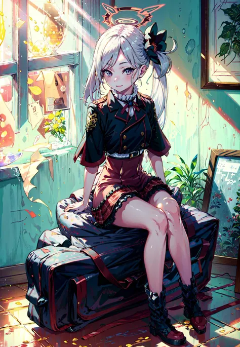 masterpiece, best quality, ultra-detailed, 1girl, mutsuki, frilled skirt, halo, full body, bare legs, sitting, indoors <lora:asagiMutsukiV1:1>