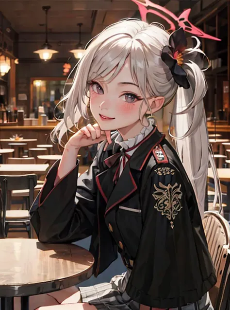 (masterpiece:1.2, best quality), (real picture, intricate details),
mutsuki, <lora:asagiMutsukiLora_v1:0.8>, smile,side ponytail, long hair, looking at viewer,
((pov)),(upper body),(table),
"A girl sitting in a cafe",
"A Girl and viewer Face to Face sitting ",
bangs, black flower, blush, flower, frilled skirt, frills, full body, hair flower, hair ornament, halo, high-waist skirt, jacket,