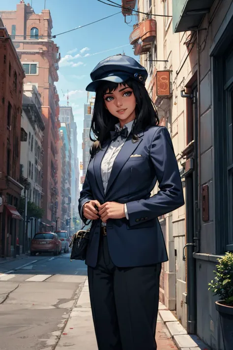masterpiece, best quality, kyrie canaan, cabbie hat, tuxedo, dress pants, cowboy shot, looking at viewer, city, apartment building, looking at viewer, smile <lora:kyrie-nvwls-v1-000011:0.8>
