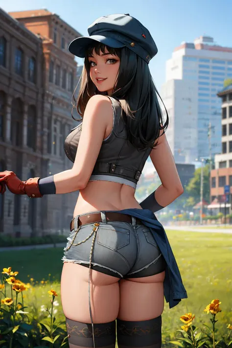 masterpiece, best quality, kyrie canaan, cabbie hat, red gloves, grey crop top, belt, short shorts, spandex shorts, layered clothing, striped thighhighs, cowboy shot, field, sky, looking at viewer, city, smile, from behind <lora:kyrie-nvwls-v1-000011:0.9>