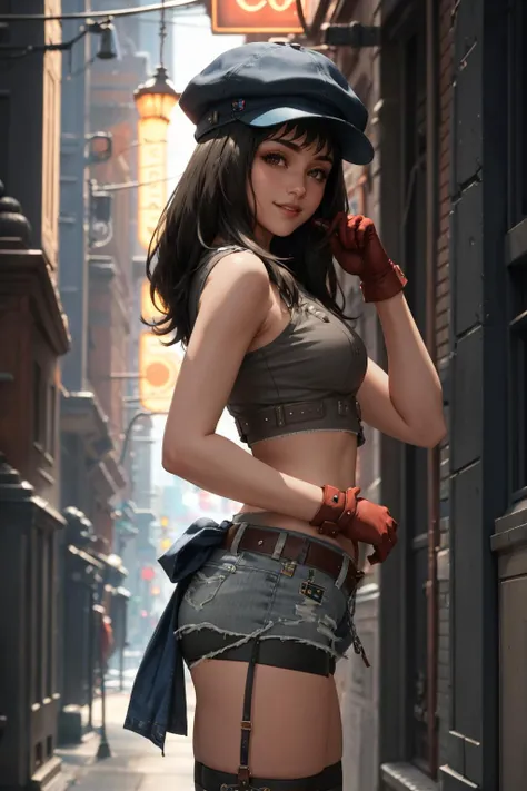 masterpiece, best quality, kyrie canaan, cabbie hat, red gloves, grey crop top, belt, short shorts, spandex shorts, layered clothing, striped thighhighs, lace-up boots, looking at viewer, night, neon signs, from side, hand at hip, smile <lora:kyrie-nvwls-v1-000011:0.9>