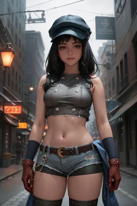masterpiece, best quality, kyrie canaan, cabbie hat, red gloves, grey crop top, belt, short shorts, spandex shorts, layered clothing, striped thighhighs, upper body, looking at viewer, city street, dystopian city, night, neon signs, looking at viewer, smug, smile, closed mouth, contrapposto <lora:kyrie-nvwls-v1-000011:0.9>