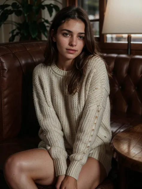 RAWphotograph, 1girl, young woman, elegant, casual,  , wearing a cozy sweater, sitting in a cafe, holding a cup of steaming tea, flirty expression,, (((Ultra-HD-details, Ultra-HD-detailed, Ultra-HD-realistic, Ultra-HD-photo-same-realistic-quality-details))), 8k uhd, dslr, soft lighting, high quality, film grain, Fujifilm XT3