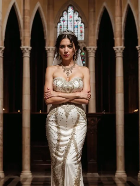 RAWphotograph, 1girl, mature woman, elegant, casual,  , clever expression, wearing an ornate wedding dress, elegant makeup, pink lips, standing by the altar, ornately detailed glass mosaic in the background, ((full body shot)), PA7_Portrait-FL, (((Ultra-HD-details, Ultra-HD-detailed, Ultra-HD-realistic, Ultra-HD-photo-same-realistic-quality-details))), 8k uhd, dslr, soft lighting, high quality, film grain, Fujifilm XT3