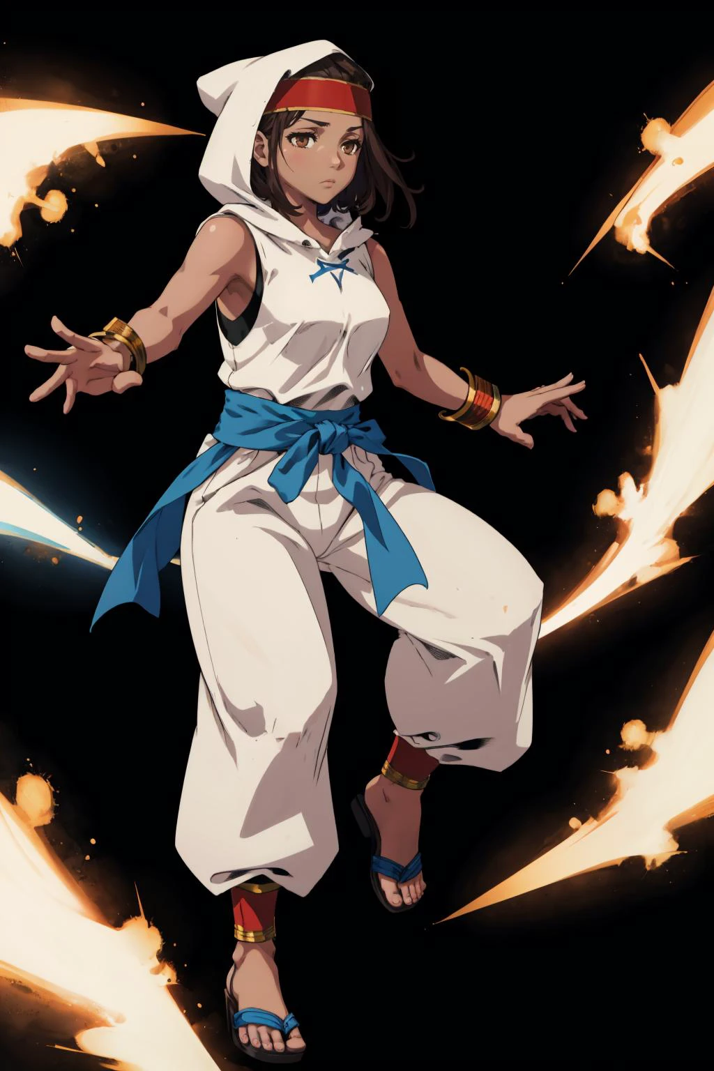 masterpiece, best quality, <lora:FinalFantasy_Rapha:0.9> RaphaFFT, dark skin, dark-skinned female, brown eyes, headband, hood, white hoodie, sleeveless, bare shoulders, blue sash, white pants, puffy pants, sandals, bracer, outstretched hands, furrowed brow, casting magic <lora:FEH_Concept_v2:1> feh, black background, simple background