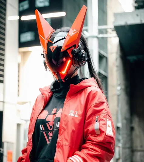 (original: 1.2), masterpiece, best quality, a cyborg woman with a cyberhelmet head with red triangle led lights and pink ears, wearing a orange techwear jacket, on the street <lora:cyberhelmetv0.7:0.6>