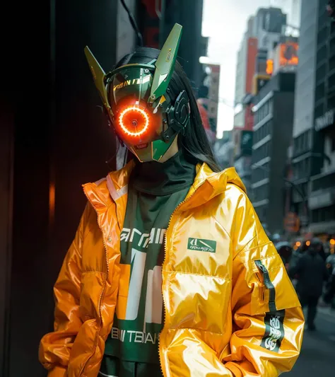 (original: 1.2), masterpiece, best quality, a cyborg woman in a green circle light up cyberhelmet with orange ears, wearing orange jacket, on the street <lora:cyberhelmetv0.7:0.8>