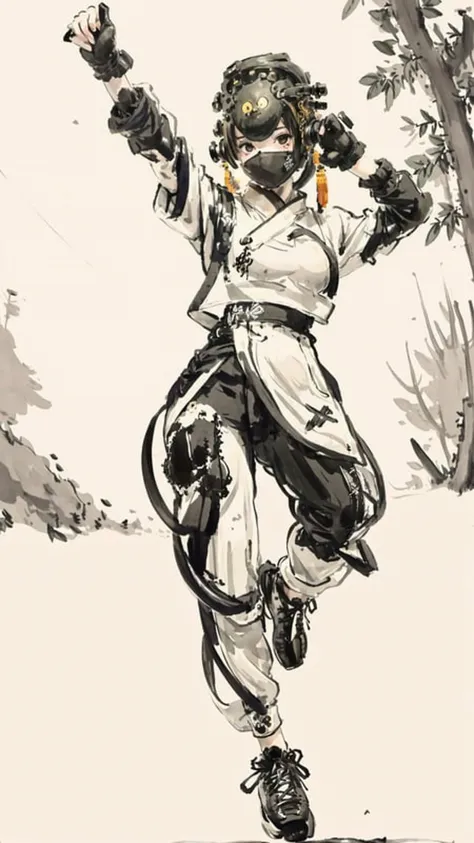 ((shuimobysim, traditional chinese ink painting)), masterpiece, best quality, fullbody, 1girl, dancing, dynamic pose, ((in a cyberhelmet)), wearing white techwear jacket, modelshoot style, posing for a picture, long legs, (standing in a chinese garden) <lora:cyberhelmetv0.1:0.6> <lora:urbansamurai_v0.3:0.4> <lora:Moxin_10:0.7> <lora:Moxin_Shukezouma11:0.8>