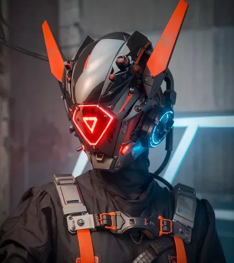 masterpiece, best quality, a close up of a futuristic looking cyborg girl with a fantastic cyberhelmet head with red triangle led lights and a halo, wearing a orange techwear jacket <lora:cyberhelmetv0.7:0.8>
