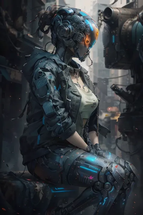 a close up of a mshn robot , futobot, cyborg girl sitting, wearing cyberhelmet , a military techwear jacket, tactical vest, mshn factory, tubes connected to neck
photorealistic, masterpiece, best quality, 35mm film, film grains, cyberpunk,
<lora:cyberhelmetv0.7:0.7> <lora:Futuristicbot4:0.4> <lora:epiNoiseoffset_v2:1> <lora:mshn:0.4>