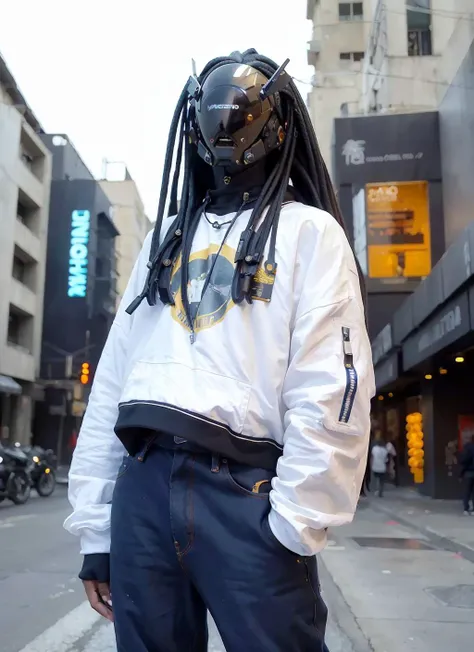 (original: 1.2), masterpiece, best quality, upper body, a close up of a fantastic looking cyborg in a fantastic cyberhelmet with dreadlocks, wearing a jacket and blue jeans, cool pose, long legs, on the street <lora:cyberhelmetv0.7:0.8>