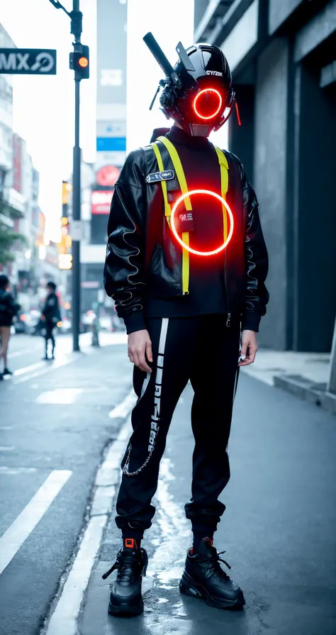 (original: 1.2), (far shot), (realistic: 1.3) (mixed Korean), masterpiece, best quality, fullbody, a cyborg, (in a cyberhelmet with a blue glowing ring on it), wearing black leather jacket and orange trousers with buckle and tape, (crystal necklace), posing for a picture, long legs, on the street <lora:cyberhelmetv0.1:0.8>