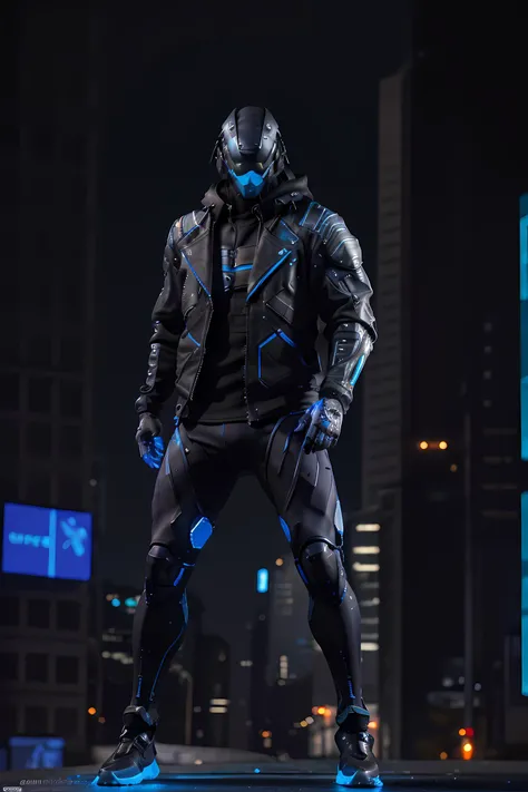 masterpiece, realistic, far shot, full body, muscular, a man wearing a cyberhelmet with blue led, wearing black techwear jacket, posing for a photo, long legs:1.2, cyberpunk night street background, HDR, depth of field, blacklight, looking to sides, looking at viewer, <lora:cyberhelmetv0.7:0.6>, <lora:urbansamurai_v0.3:0.4>, <lora:blacklight:0.5>