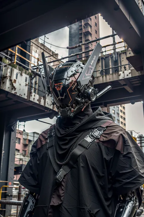 (rainy day:1.3), dark theme, dark clouds, thunder and lightning, realistic, complex 3d render ultra detailed, best quality, masterpiece, ultra high res, cowboy shot, (photorealistic:1.4), raw photo, official art, (close up, face focus:1.3), Complex background, absurdres, vague, Atmospheric, evil, tank, dynamic angle, in a red glowing eyes cyberhelmet, mecha, robot, armor, mechanical arms, science fiction, no humans, Wearing a tattered cloak, standing on the ruins of the old square after the radiation war, there are damaged buildings everywhere, smoke of gunpowder, war, <lora:cyberhelmetv0.7:0.8> <lora:nijiMecha:0.8> <lora:LowRA:0.7>
