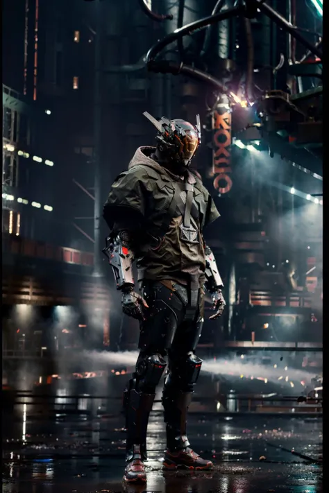 (rainy day:1.3), dark theme, dark clouds, thunder and lightning, realistic, complex 3d render ultra detailed, best quality, masterpiece, ultra high res, cowboy shot, (photorealistic:1.4), raw photo, official art, Complex background, absurdres, vague, Atmospheric, dynamic angle, ((Armed with both hands)), red glowing, cyberhelmet, giant mecha, robot, armor, mechanical arms, science fiction, no humans, (Wearing a tattered cloak), standing on the ruins of the old square after the radiation war, there are damaged buildings everywhere, smoke of gunpowder, war, <lora:cyberhelmetv0.7:0.8> <lora:nijiMecha:0.8> <lora:LowRA:0.7> <lora:Blade Runner 1982:1>