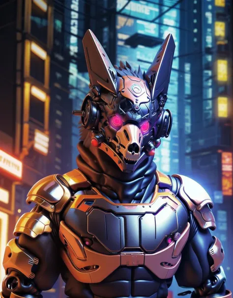 (masterpiece, best quality), photography, insane detail, (3d render), (3d), photorealism, (blurry background), depth of field, [cyberpunk city streets], night
BREAK
big male anthro wolf [cyborg] [standing], (cyberhelmet:1.1), [visor], (canine skull mask:1.15), (fluffy:1.1), [muscular], detalied fur, grey fur, [wolf ears], (muzzle:1.2), (red glowing eyes), reflective metal, mechanical skeleton, samurai armor, [machine]
BREAK
upper body, (facing viewer), (looking at viewer:1.1), <lora:cyberhelmetv0.7:0.75>