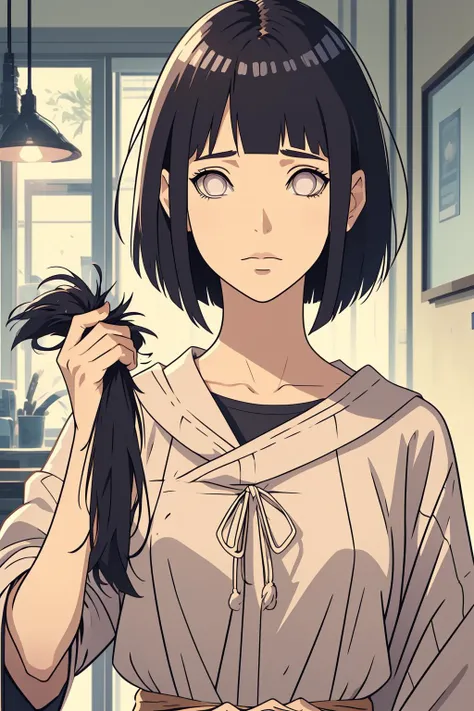 holhair, 1girl, solo, looking at viewer,,  hair between eyes, , upper body, hand up, <lora:bigchop:1>, <lora:last:0.7> hinata\(boruto\), short hair,