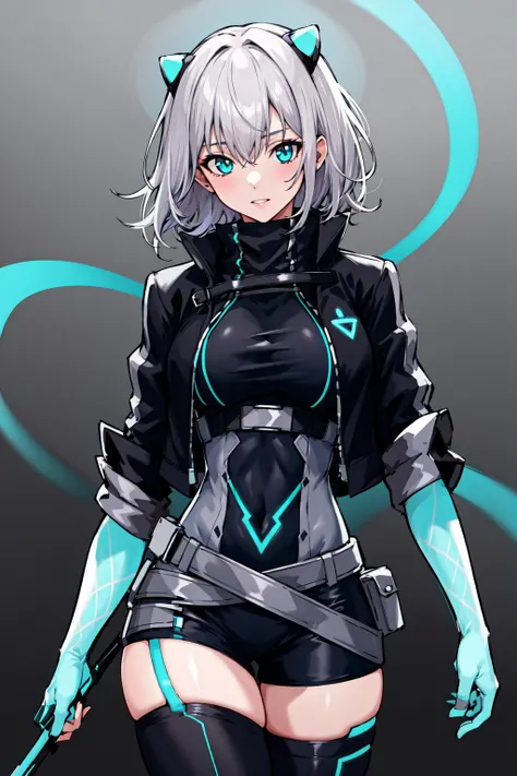 absurdres, best quality, 1girl, solo,  <lora:icey-nvwls-v1:0.8>, ic3y, black bodysuit, cropped jacket, black thighhighs, gloves, neon trim, glowing