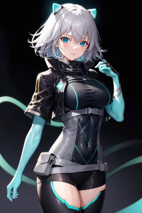 absurdres, best quality, 1girl, solo, <lora:icey-nvwls-v1:0.8>, ic3y, black bodysuit, cropped jacket, black thighhighs, gloves, neon trim, glowing