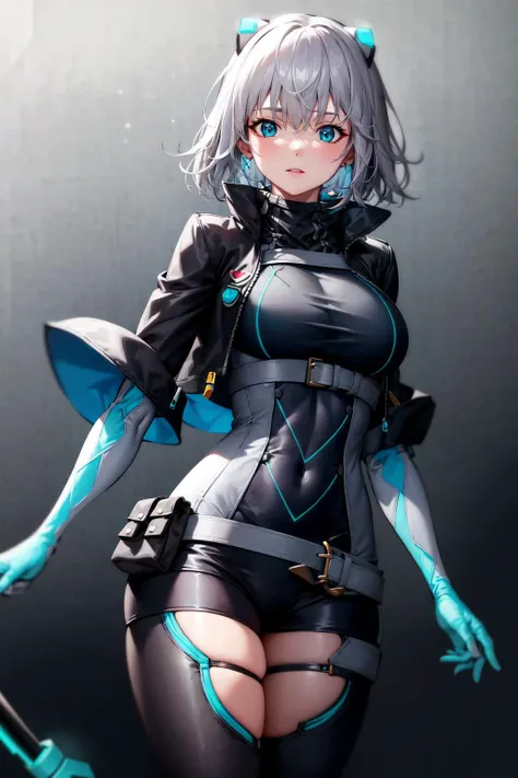 absurdres, best quality, 1girl, solo,  <lora:icey-nvwls-v1:0.8>, ic3y, black bodysuit, cropped jacket, black thighhighs, gloves, neon trim, glowing