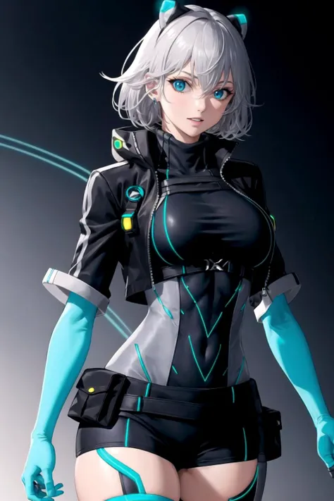 absurdres, best quality, 1girl, solo, <lora:icey-nvwls-v1:0.8>, ic3y, black bodysuit, cropped jacket, black thighhighs, gloves, neon trim, glowing