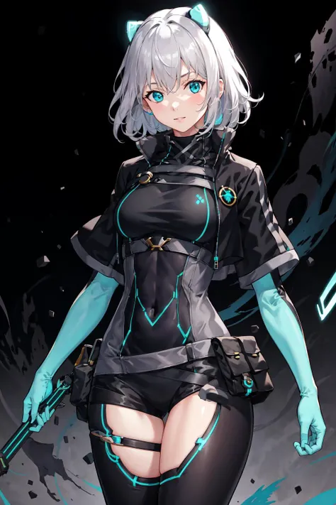 absurdres, best quality, 1girl, solo, <lora:icey-nvwls-v1:0.8>, ic3y, black bodysuit, cropped jacket, black thighhighs, gloves, neon trim, glowing