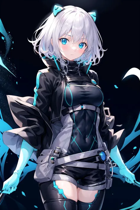 absurdres, best quality, 1girl, solo, <lora:icey-nvwls-v1:0.8>, ic3y, black bodysuit, cropped jacket, black thighhighs, gloves, neon trim, glowing