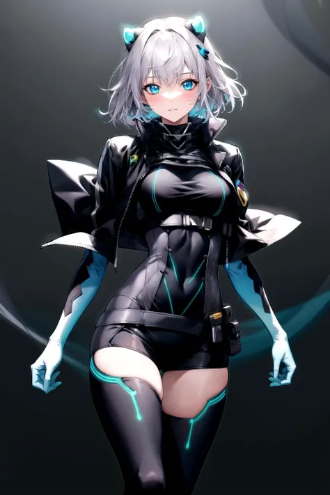 absurdres, best quality, 1girl, solo, <lora:icey-nvwls-v1:0.8>, ic3y, black bodysuit, cropped jacket, black thighhighs, gloves, neon trim, glowing