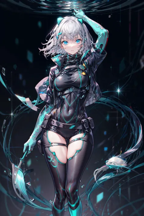 absurdres, best quality, 1girl, solo, <lora:icey-nvwls-v1:0.8>, ic3y, black bodysuit, cropped jacket, black thighhighs, gloves, neon trim, glowing