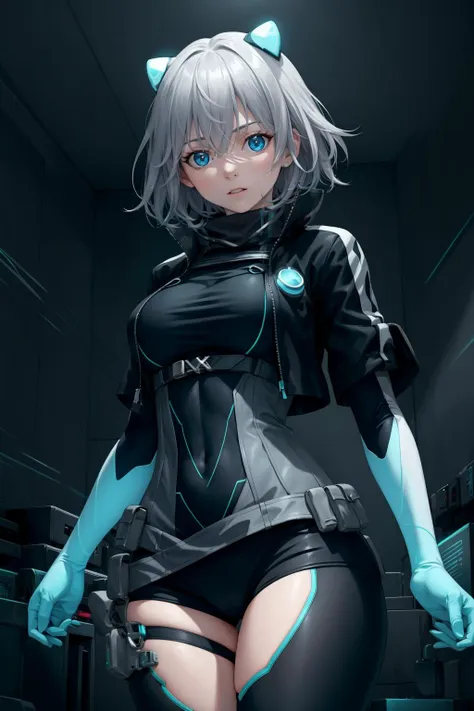 masterpiece, best quality, ic3y, black bodysuit, cropped jacket, black thighhighs, gloves, neon trim, glowing, pale skin, cowboy shot, dark room, circuitry, looking at viewer, surprised, wide open eyes <lora:icey-nvwls-v1-000012:0.9>