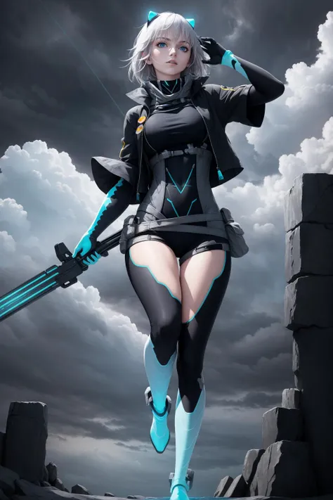 masterpiece, best quality, ic3y, black bodysuit, cropped jacket, black thighhighs, gloves, neon trim, glowing, pale skin, blue boots, whole body, standing, looking up, black sky, clouds, holding weapon <lora:icey-nvwls-v1-000012:0.9>