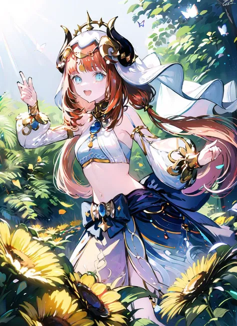 1girl, :d, looking at viewer,
dutch angle
dynamic pose,
dancing, moving rapidly,
beautiful, elegant,
<lora:nilouGenshinImpact_v10:1> nilou (neither flower nor mist) (genshin impact), aqua eyes, fake horns, red hair, long hair, crop top, jewelry, horns, veil, bracer, brooch, long sleeves, puffy long sleeves, skirt, bangs, twintails, puffy sleeves, neck ring, gold trim, parted bangs, circlet, blue skirt, hair ornament, detached sleeves, low twintails, floating hair, gem, blue gemstone, dancer, white headwear, midriff, very long hair,
around the garden, flowers, butterflies, sunlight, sunflowers, lilies, roses, nature, petals, lens flare,
<lora:animeStyleLoraWith_bfcsimplifierTest:-0.2:OUT8> <lora:gigzagu123:1.8:OUT10>