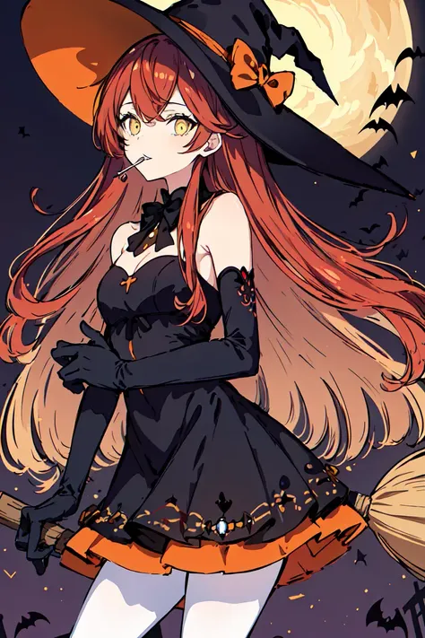 masterpiece, intricate detail,best quality, <lora:gigzagu123:0.8>1girl, solo, hat, long hair, witch hat, broom, candy, red hair, food, lollipop, gloves, black dress, yellow eyes, broom riding, dress, witch, pantyhose, looking at viewer, halloween, very long hair, elbow gloves, chain, black gloves, white pantyhose