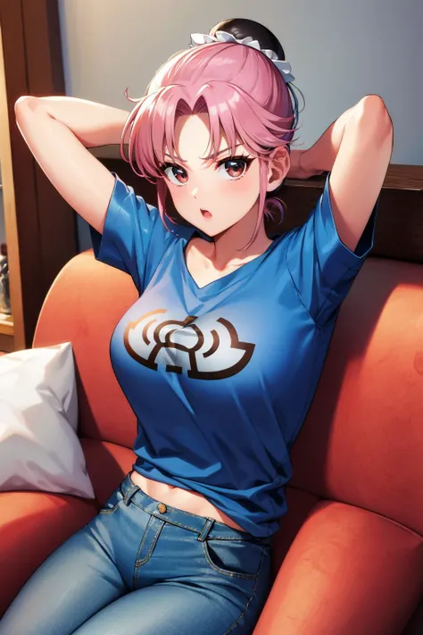 masterpiece, best quality,  <lora:dqmaam-nvwls-v1-000009:1> priMaam, hair bun, short hair, blue t-shirt, jeans, medium breasts, looking at viewer, arms behind head, sitting, couch, :o