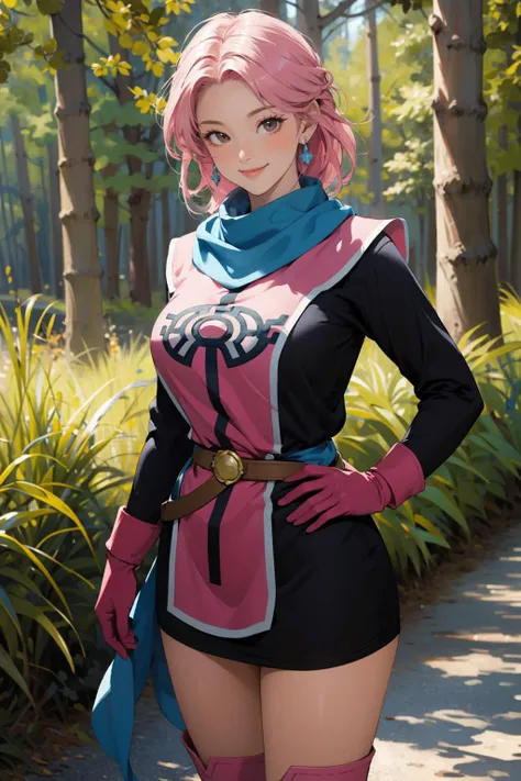 masterpiece, best quality, priMaam, medium hair, blue scarf, circlet, short dress, pink tabard, black sleeves, belt, gloves, looking at viewer, :D, furrowed brow, forest, large breasts, looking at viewer, smile, hand on hip, village, forest