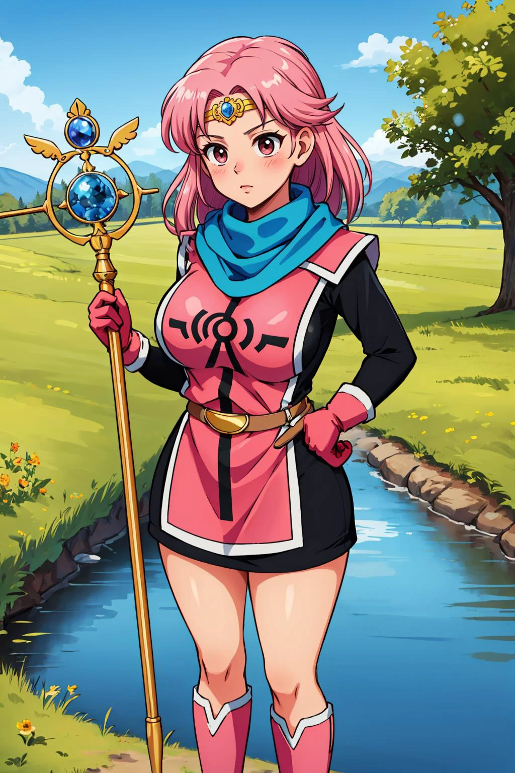masterpiece, best quality, <lora:dqmaam-nvwls-v1-000009:0.9> priMaam, medium hair, blue scarf, circlet, short dress, pink tabard, black sleeves, belt, gloves, boots, large breasts, holding staff, staff, river, landscape, blue sky, field, looking up