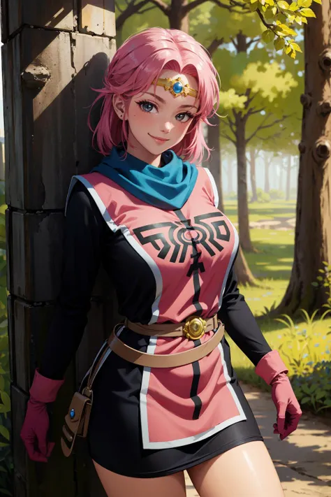 masterpiece,best quality,perfect face,intricate,beautiful scenery,ultra realistic 8k CG,perfect artwork,1girl,dragon quest the adventure of dai,maam,large breasts,beautifuleyes,narrow waist,realistic,solo,outdoor,forest,smile,
priMaam,medium hair,blue scarf,circlet,short dress,pink tabard,black sleeves,belt,gloves,boots,<lora:dqmaam-nvwls-v1:1>,