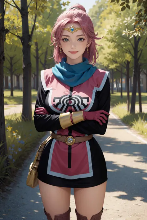 masterpiece,best quality,perfect face,intricate,beautiful scenery,ultra realistic 8k CG,perfect artwork,1girl,dragon quest the adventure of dai,maam,large breasts,beautifuleyes,narrow waist,realistic,solo,outdoor,forest,smile,
priMaam,medium hair,blue scarf,circlet,short dress,pink tabard,black sleeves,belt,gloves,boots,(crossed arms:1.2),<lora:dqmaam-nvwls-v1:1>,