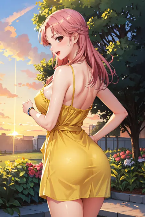 masterpiece, best quality,  <lora:dqmaam-nvwls-v1-000009:1> priMaam, medium hair, yellow sundress, from behind, large breasts, :D, garden, sunset  <lora:edgChamYellowSundress:0.4> edgYSD,woman wearing a yellow sundress