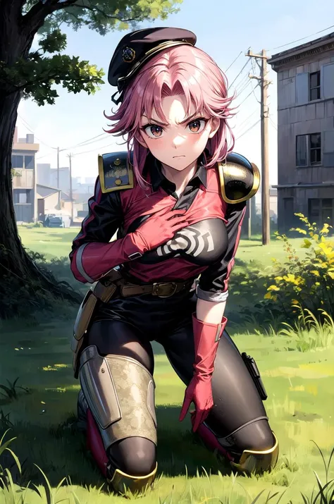 (masterpiece, best quality, detailed), 1girl, solo, looking at viewer, <lora:dqmaam-nvwls-v1:0.9>, priMaam, medium hair, circlet, soldier, military, long sleeves, military uniform, camouflage, military hat, body armor, ruins, outdoors, overgrown, post-apocalypse, kneeling, full body, gloves, pants, belt, building, tree, power lines, vines, leaning forward, hand on own chest, angry, closed mouth