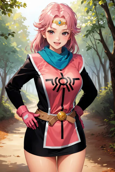 masterpiece, best quality,  <lora:dqmaam-nvwls-v1-000009:0.9> priMaam, medium hair, blue scarf, circlet, short dress, pink tabard, black sleeves, belt, gloves, looking at viewer, :D, furrowed brow, forest, large breasts, looking at viewer, smile, hand on hip, village, forest