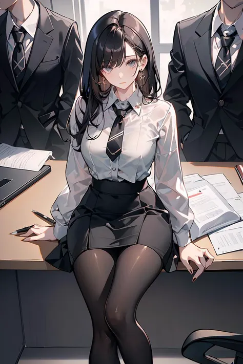 (masterpiece, best quality), a young black haired girl office secretary dressed in a transparent white blouse and black office skirt and black pantyhose ,sitting in an office chair, holding pencil, (detailed skin:1.3),(detailed eyes), (sharp focus),