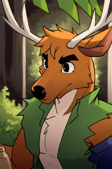 BamboCzar, (ripped sleeves, green open vest, chest tuft, antlers, deer ears, snout, black eyes), (masterpiece:1.2), hires, ultra-high resolution, 8K, high quality, (sharp focus:1.2), clean, crisp, cinematic, <lora:Bambo-20:0.65>