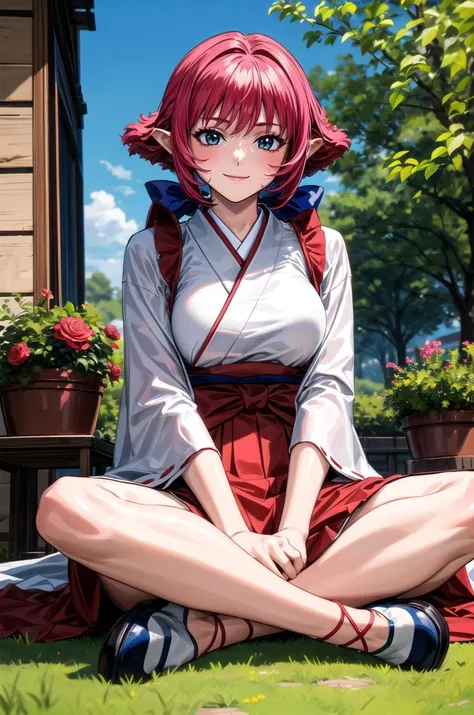 (masterpiece, best quality, detailed), 1girl, solo, calarsr, retro artstyle, 1990s \(style\), looking at viewer,
miko, japanese clothes, red hakama, wide sleeves, white kimono, ribbon trim, hakama skirt, outdoors, garden, grass, sunlight, day, blue sky, rose, bush, flower pot, indian style, hands on feet, smile, closed mouth