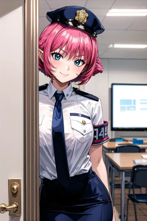 (masterpiece, best quality, detailed), 1girl, solo, calarsr, retro artstyle, 1990s \(style\), looking at viewer,
policewoman, police uniform, police hat, necktie, pencil skirt, armband, breast pocket, holster, indoors, office, desk, office chair, <lora:peeking_out_upper_body_pruned:1.2>, peeking out upper body, opening door, smirk