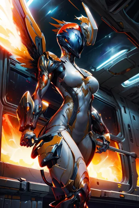 masterpiece,best quality,1girl,Ember,gauntlets,(helmet),headgear,flames,firewings,standing,crossed legs,spacecraft interior,science fiction,<lora:Ember:0.8>,